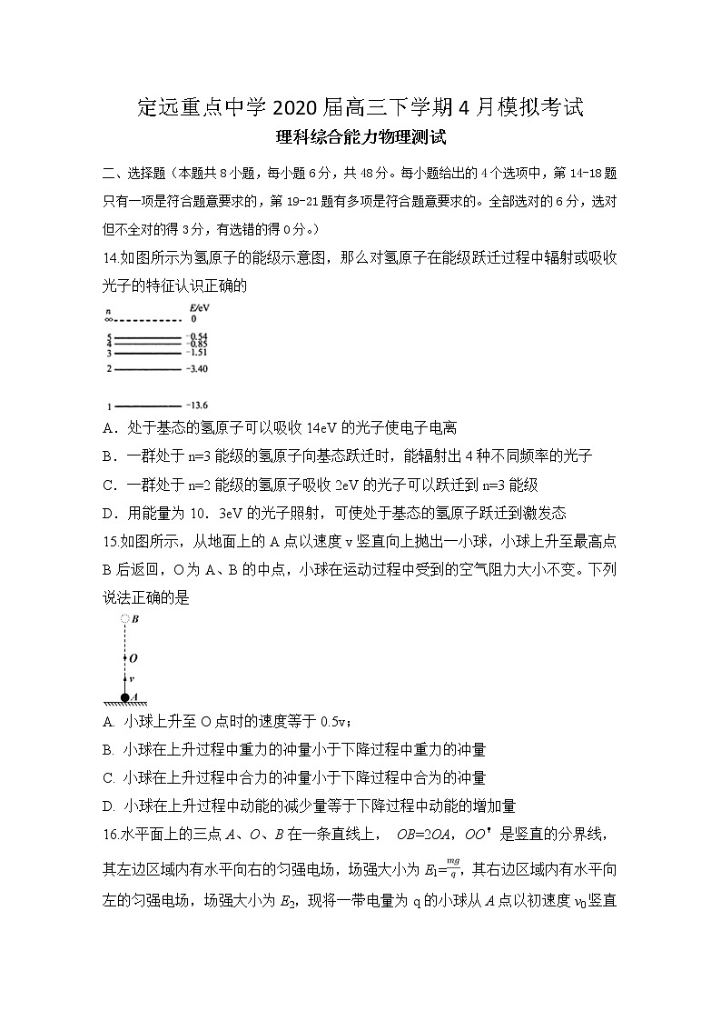 安徽省定远县重点中学2020届高三4月模拟考试物理试题01
