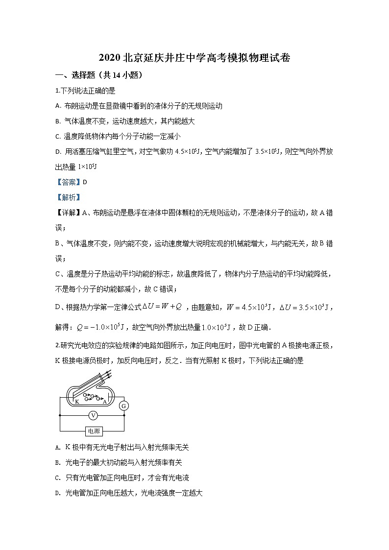 北京延庆井庄中学2020届高三下学期高考模拟物理试题01