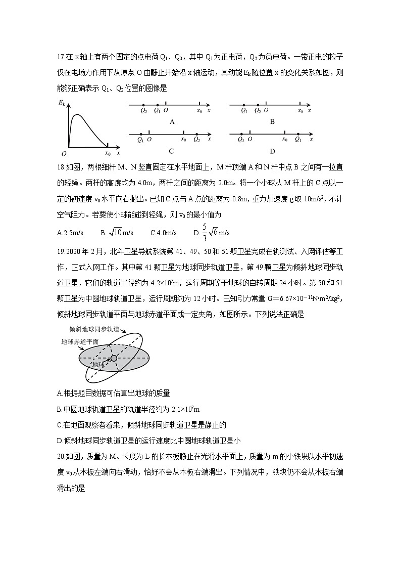 福建省莆田市2020届高三下学期3月模拟考试 物理02