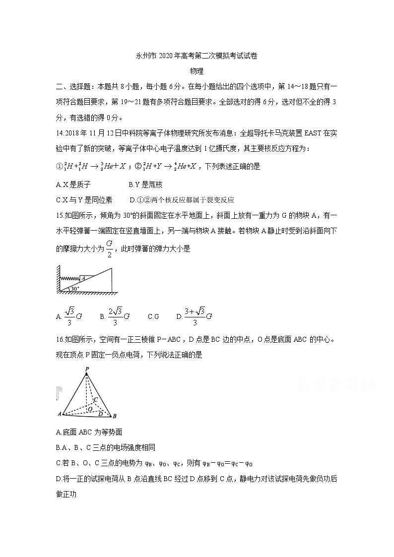 湖南省永州市2020届高三上学期模拟考试 物理第1页