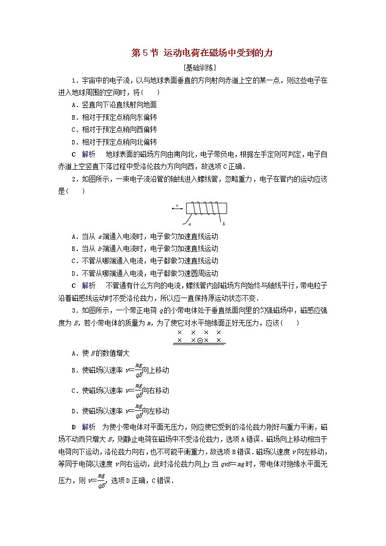 2019_2020学年高中物理第3章磁场第5节运动电荷在磁场中受到的力同步作业含解析新人教版选修3_1 练习01
