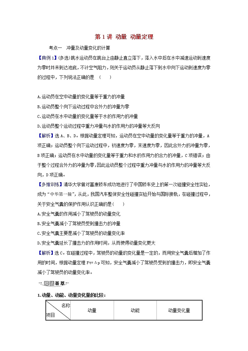 2021届高考物理一轮复习6第1讲动量动量定理练习含解析01