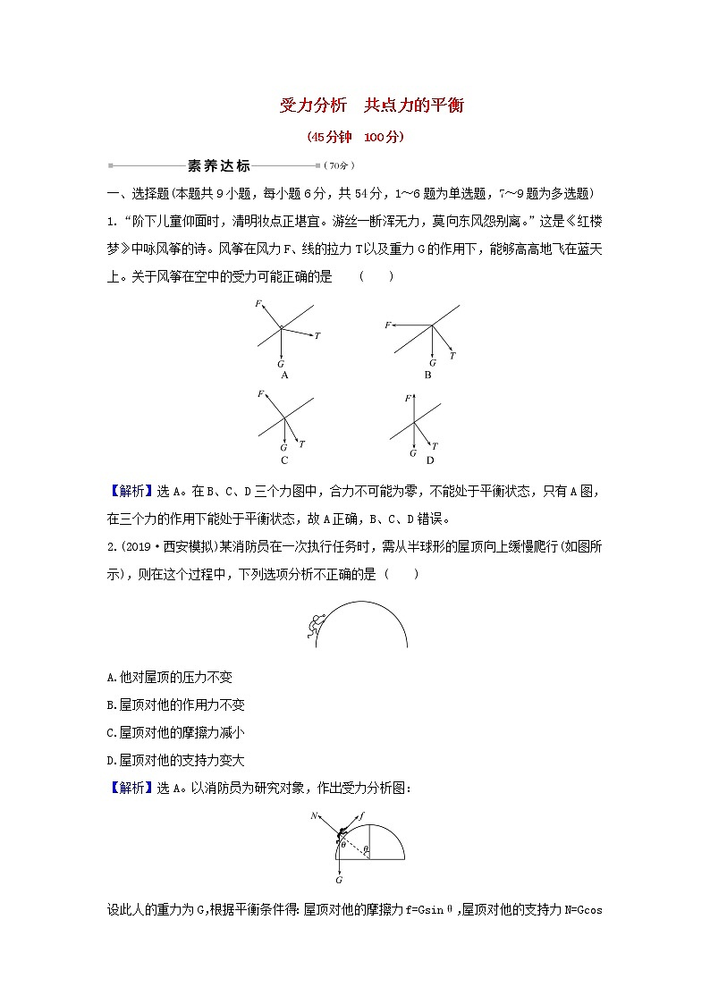 2021届高考物理一轮复习核心素养测评六受力分析共点力的平衡含解析215第1页