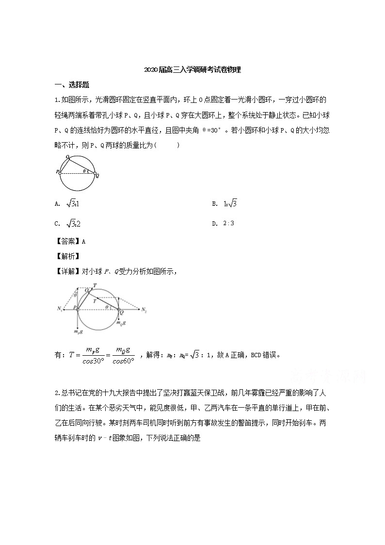 河南省2020届高三入学调研物理试题第1页