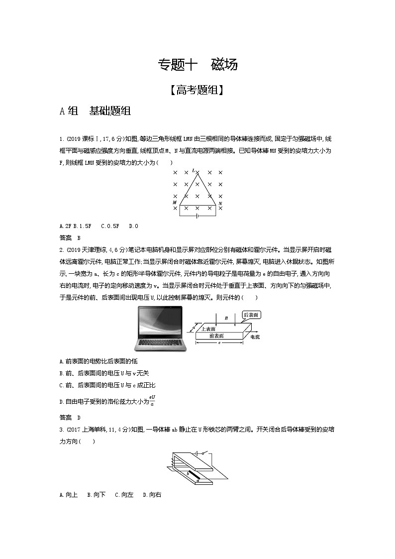 2021年高考一轮复习题组训练   物理（湖南省专用）专题十　磁场（含答案）01