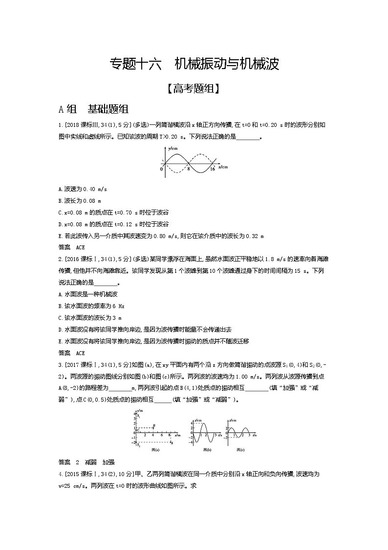 2021年高考一轮复习题组训练   物理（湖南省专用）专题十六　机械振动与机械波（含答案）01