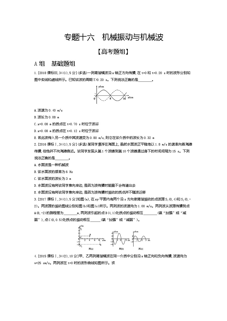 2021年高考一轮复习题组训练   物理（湖南省专用）专题十六　机械振动与机械波01