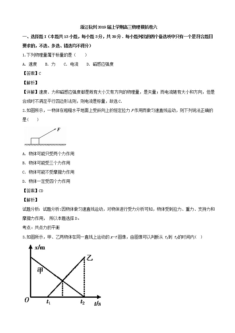 2019届浙江省杭州高三上学期物理模拟卷六（解析版）01