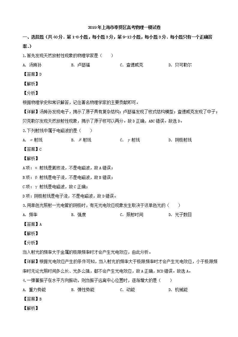 2019届上海市奉贤区高三第一次模拟考试物理试题（解析版）01
