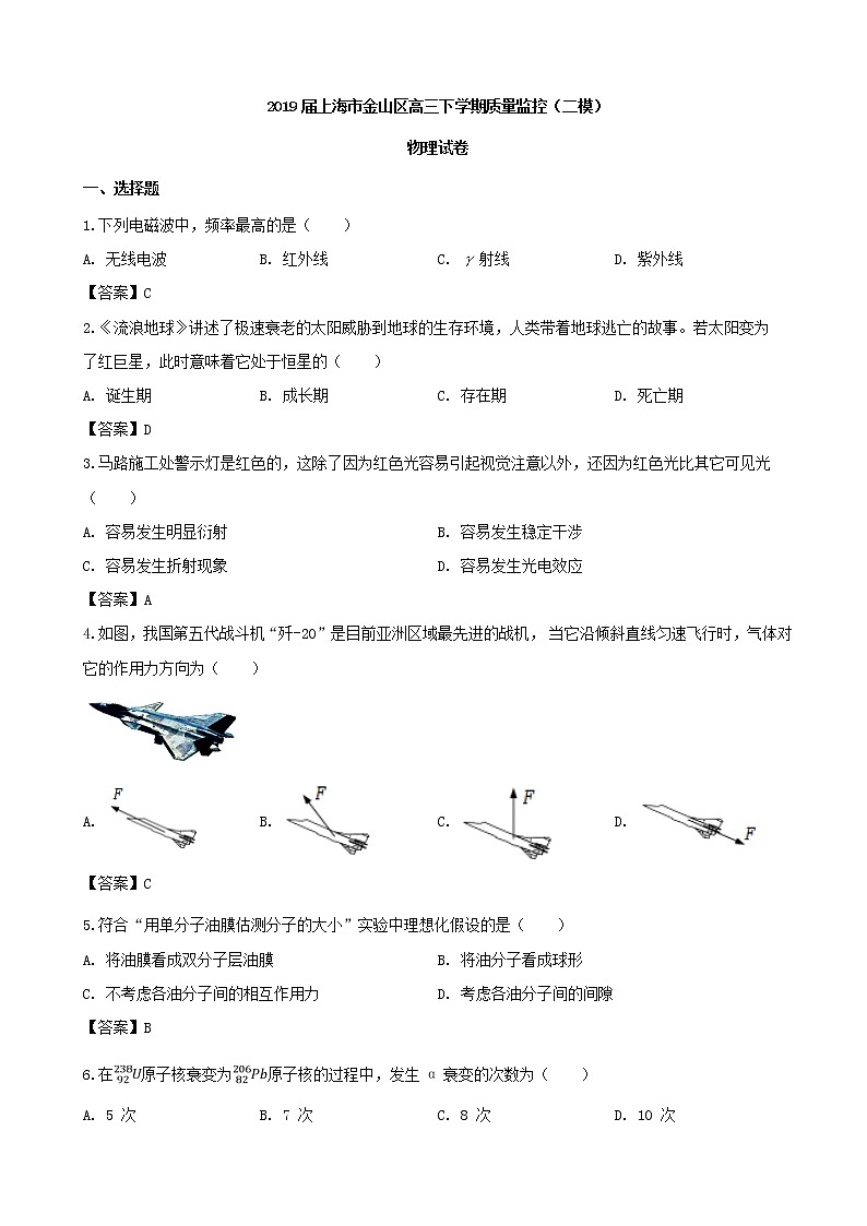 2019届上海市金山区高三下学期质量监控（二模）物理试题01