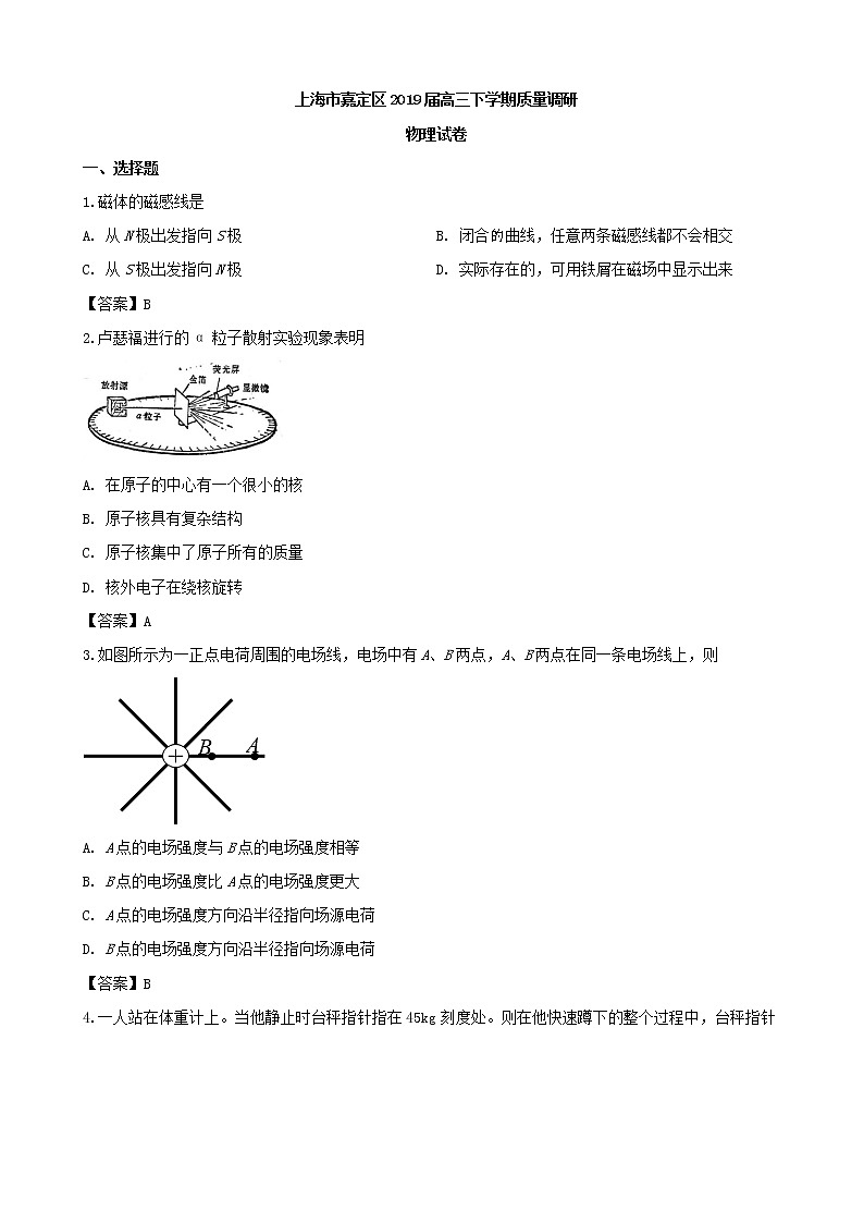 2019届上海市嘉定区高三下学期质量调研（二模）物理试题01
