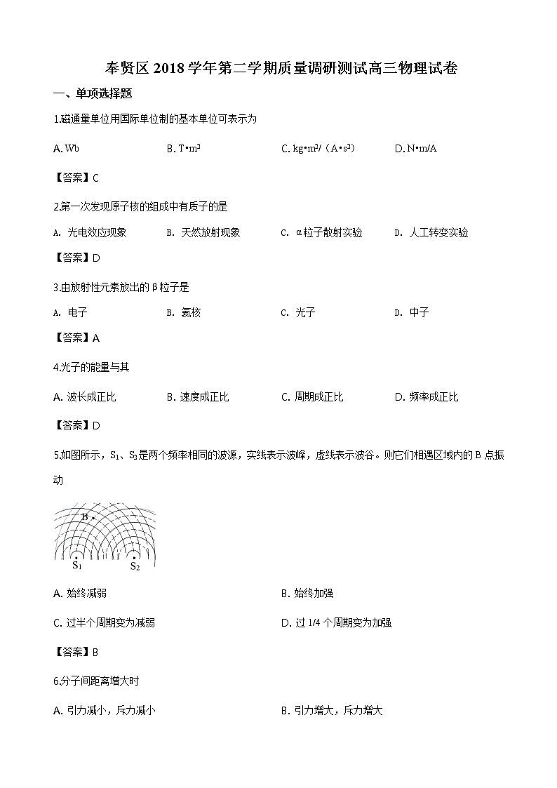2019届上海市奉贤区高三第二学期质量调研测试物理试题（word版）01