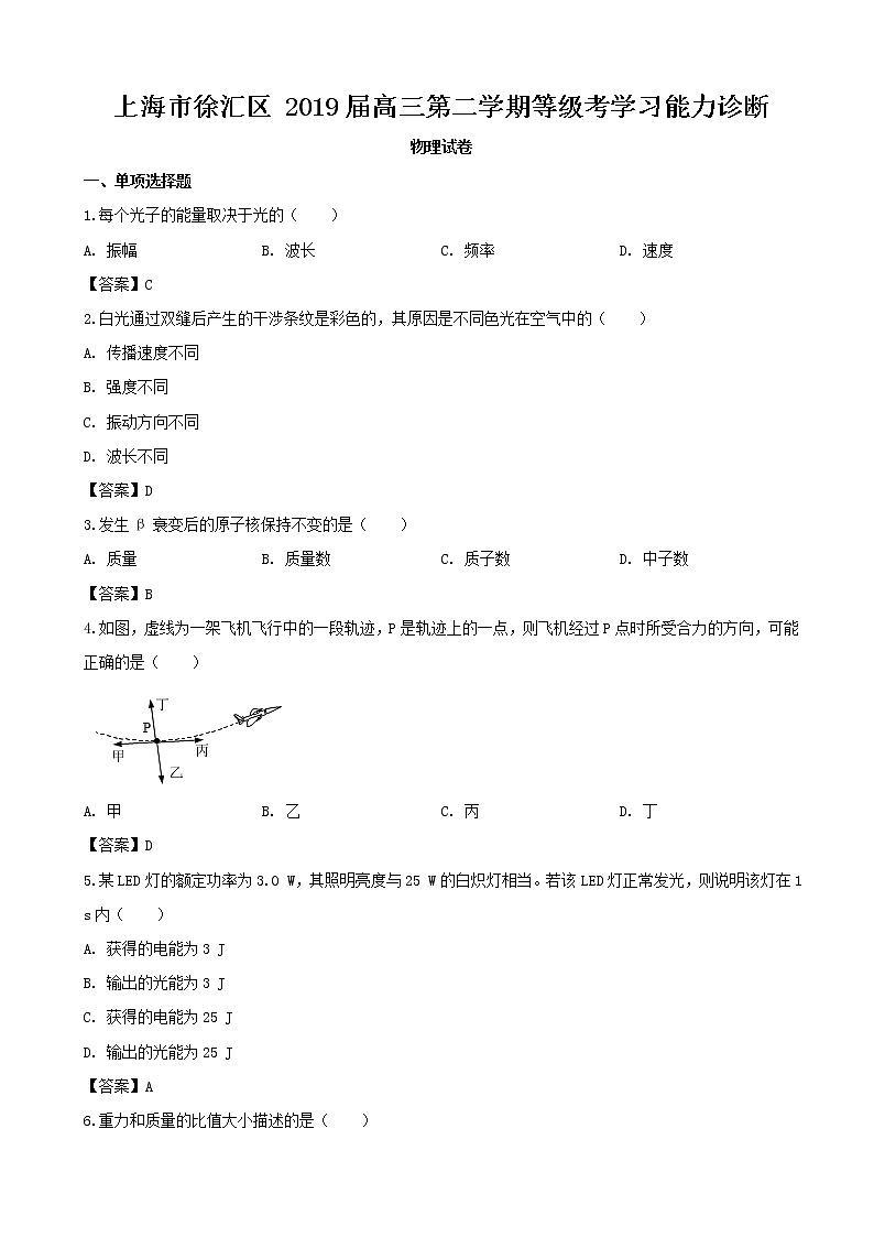 2019届上海市徐汇区高三下学期等级考学习能力诊断物理试题（word版）01