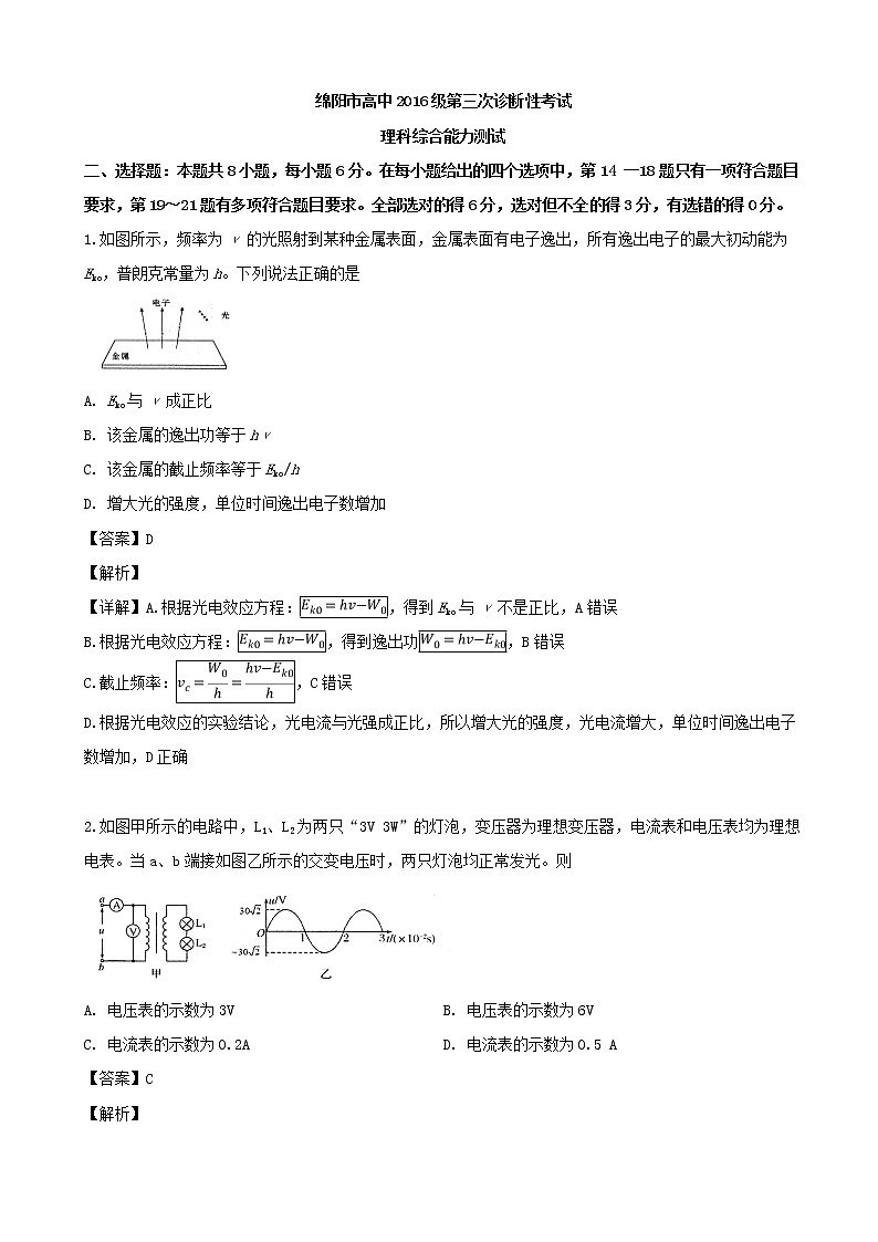 2019届四川省绵阳市高三第三次诊断性考试理综物理试题（解析版）01