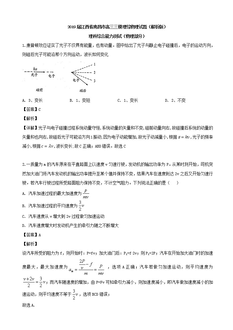 2019届江西省南昌市高三三模理综物理试题（解析版）第1页