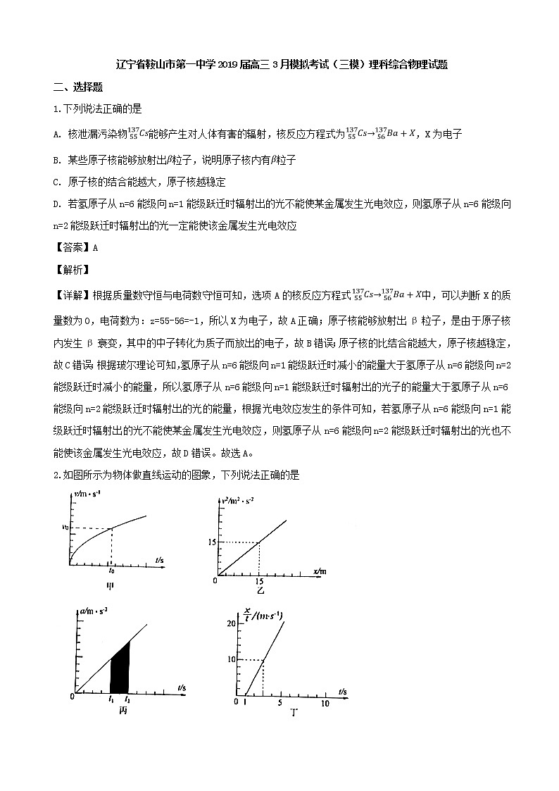 2019届辽宁省鞍山市第一中学高三3月模拟考试（三模）理科综合物理试题（解析版）第1页