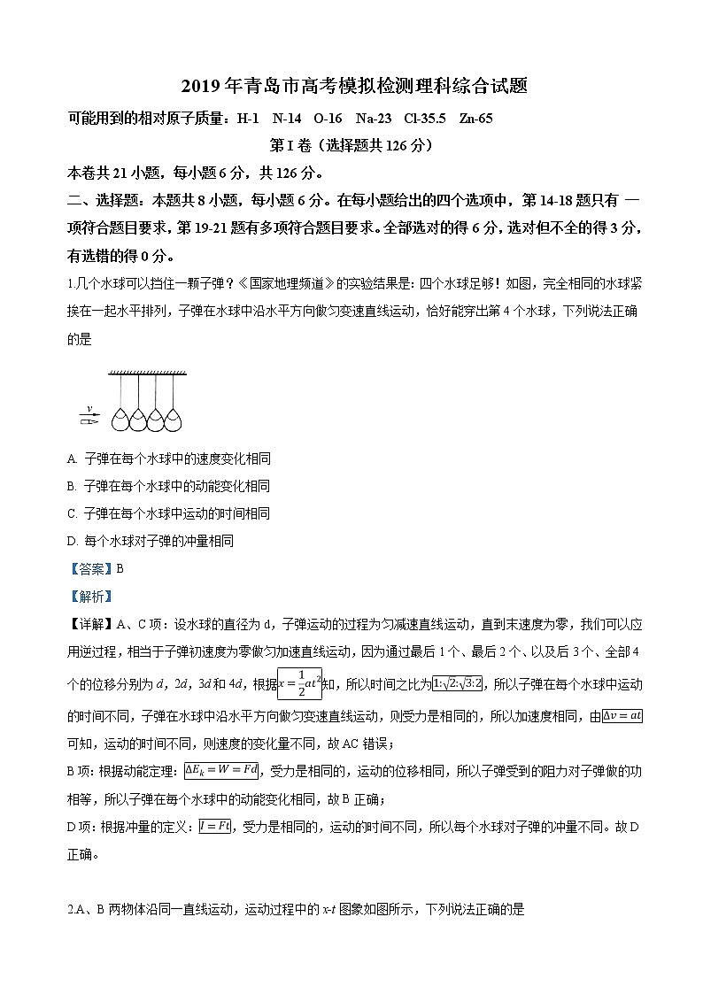 2019届山东省青岛市高三5月第二次模考理科综合物理试卷（解析版）01