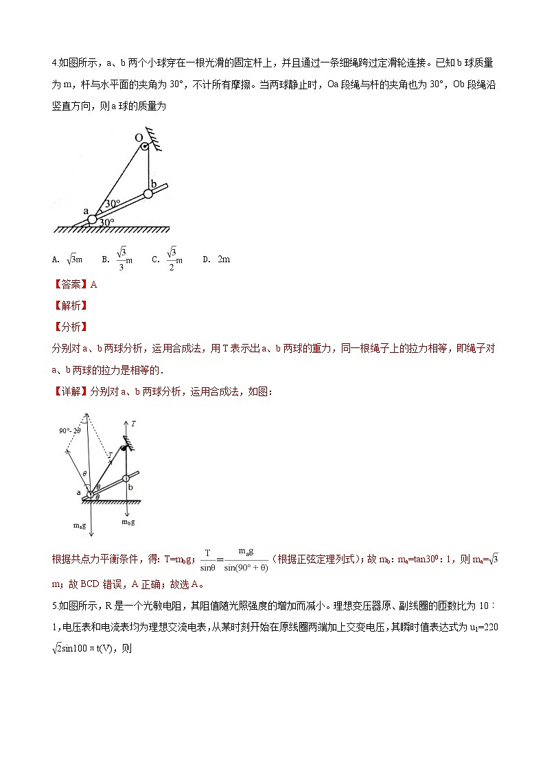 2019届山东省淄博市高三3月一模考试理科综合物理试卷（解析版）03