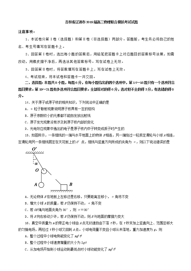 2019届吉林省辽源市高三下学期联合模拟考试物理试卷（解析版）01