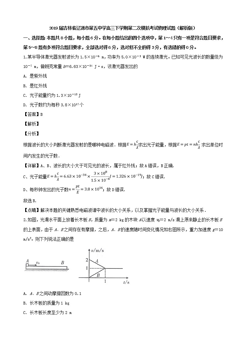 2019届吉林省辽源市第五中学高三下学期第二次模拟考试物理试题（解析版）01