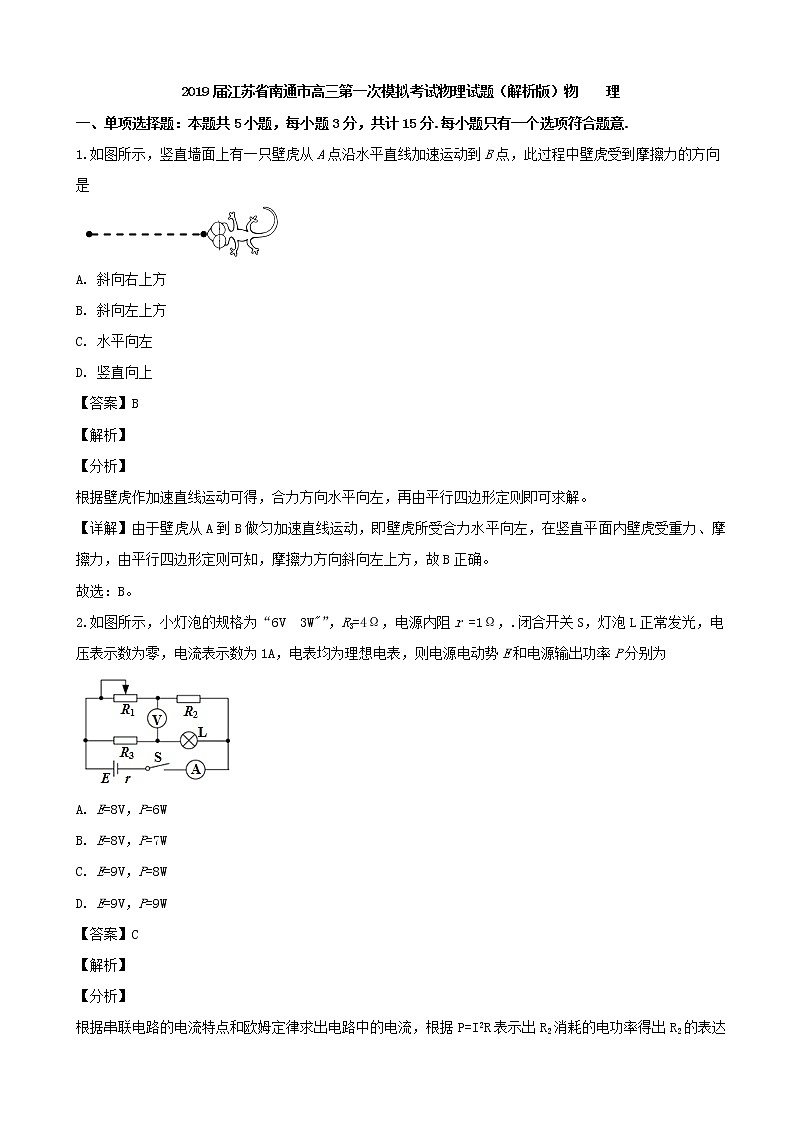 2019届江苏省南通市高三第一次模拟考试物理试题（解析版）01