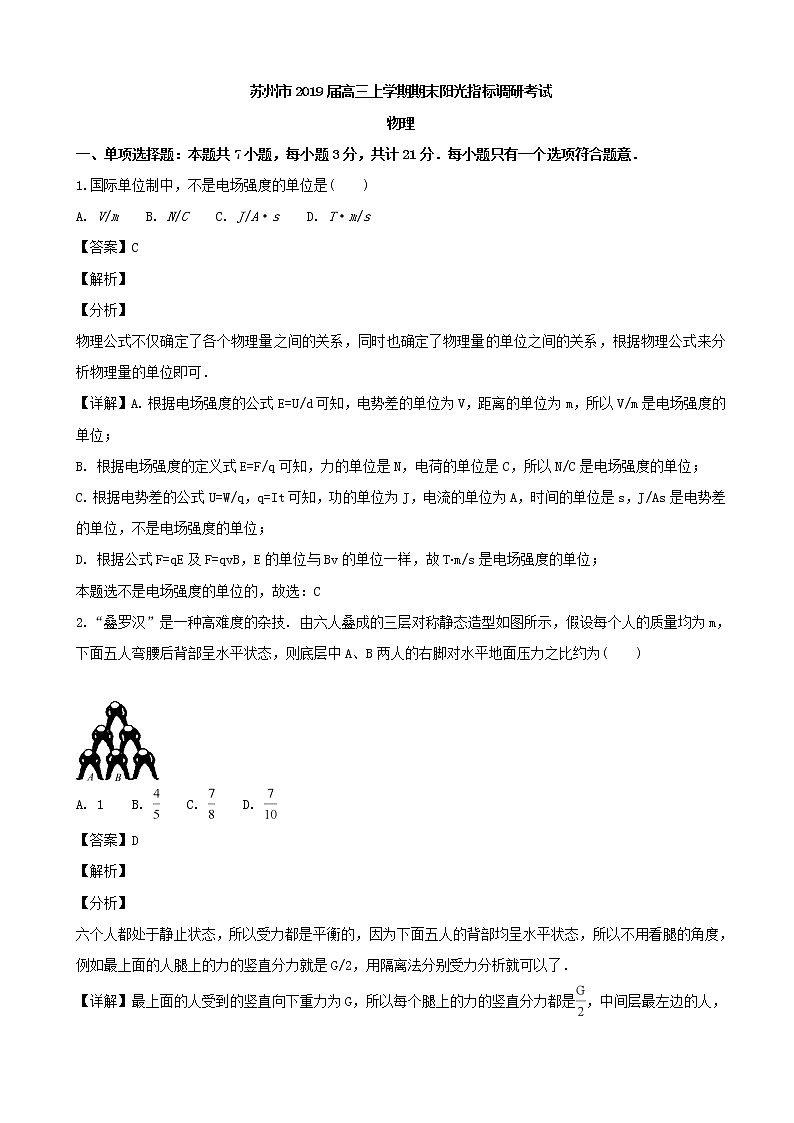2019届江苏省苏州市高三上学期期末阳光指标调研考试物理试题（解析版）01