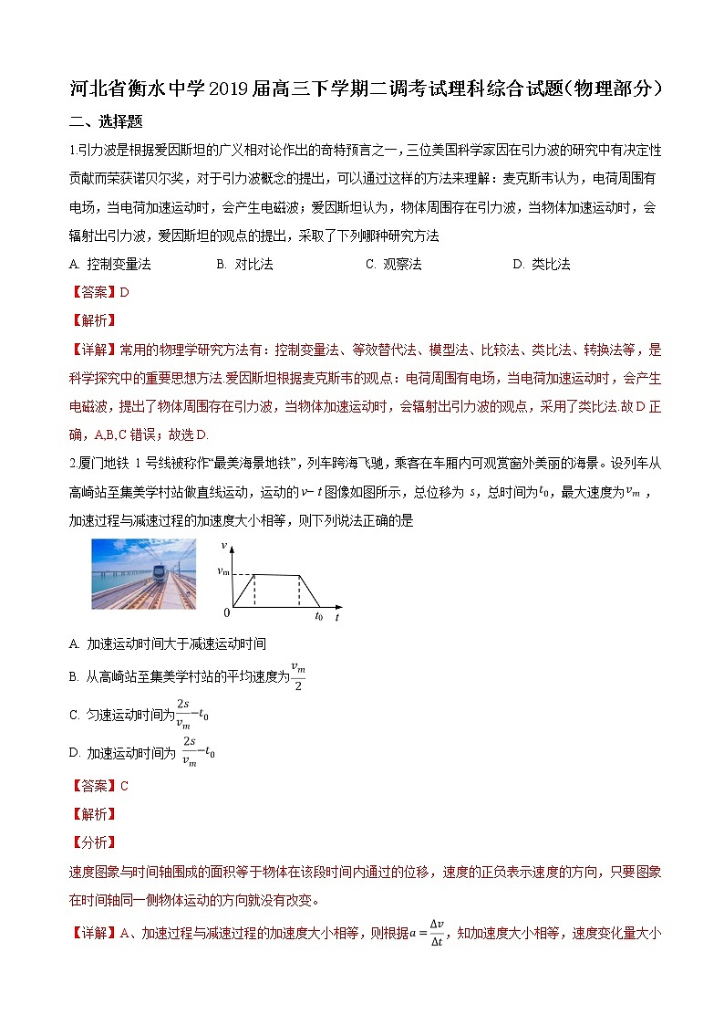 2019届河北省衡水第一中学高三下学期二调考试理科综合物理试卷（解析版）01