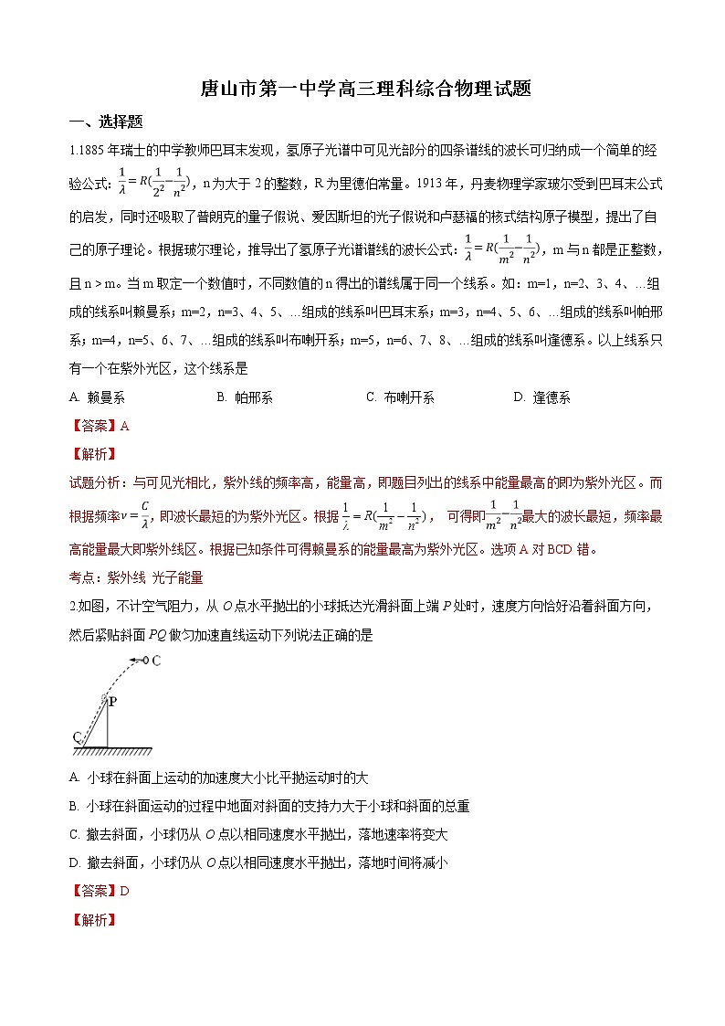 2019届河北省唐山市第一中学高三下学期冲刺（一）理科综合物理试卷（解析版）01