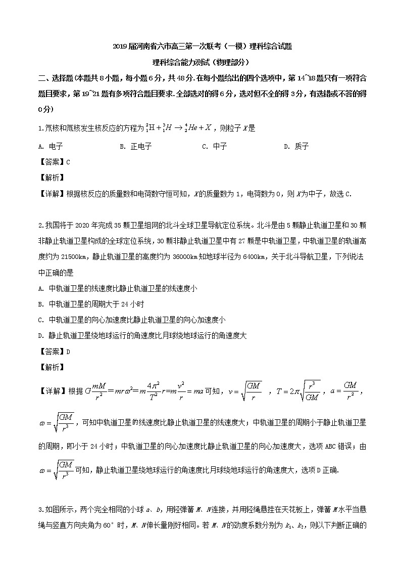 2019届河南省六市高三第一次联考（一模）理科综合试题（物理部分）（解析版）01