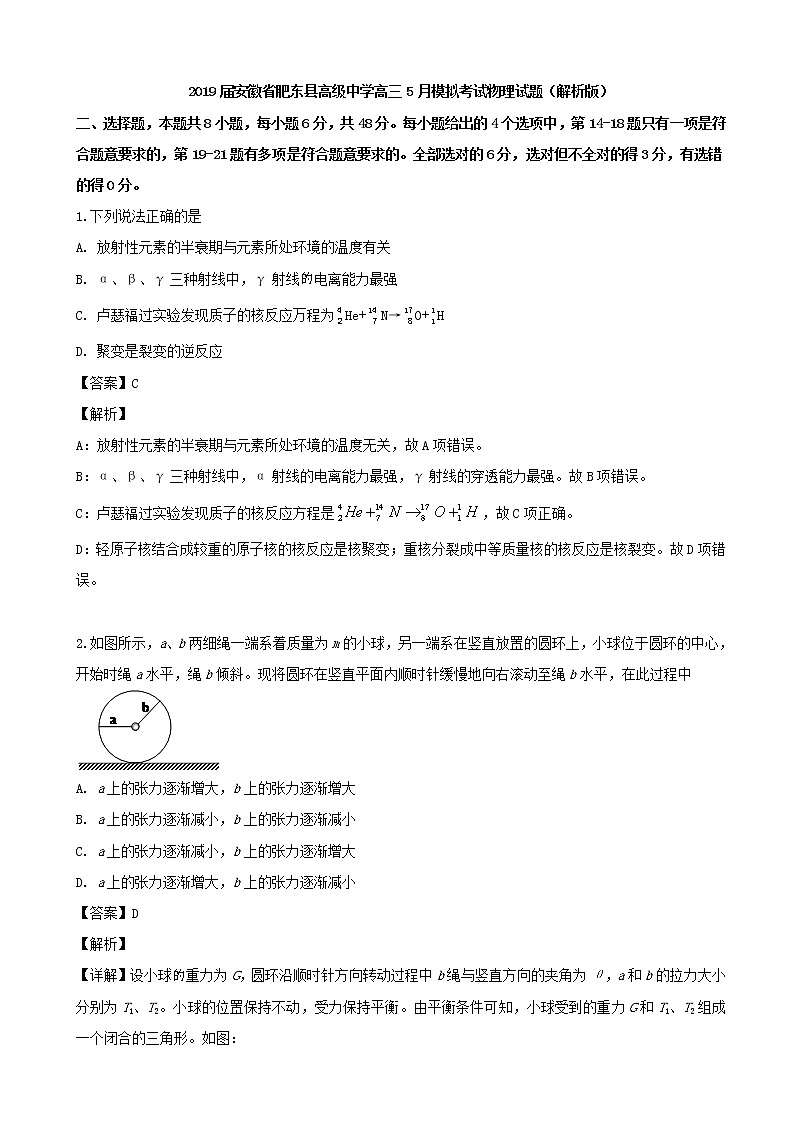 2019届安徽省肥东县高级中学高三5月模拟考试物理试题（解析版）01