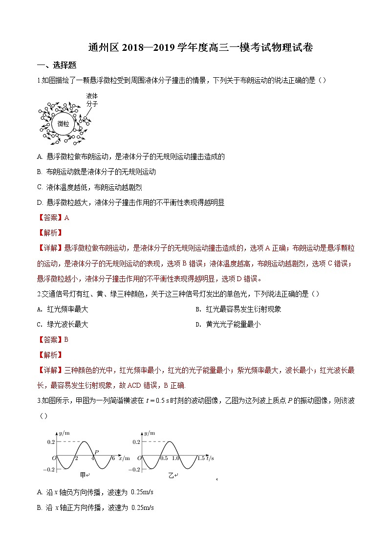 2019届北京市通州区高三一模考试理科综合物理试卷（解析版）01