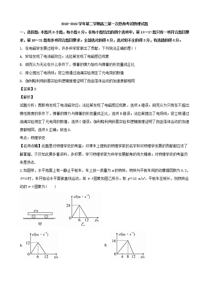 2019届广东省广州外国语学校高三下学期第一次热身考试物理试题（解析版）第1页