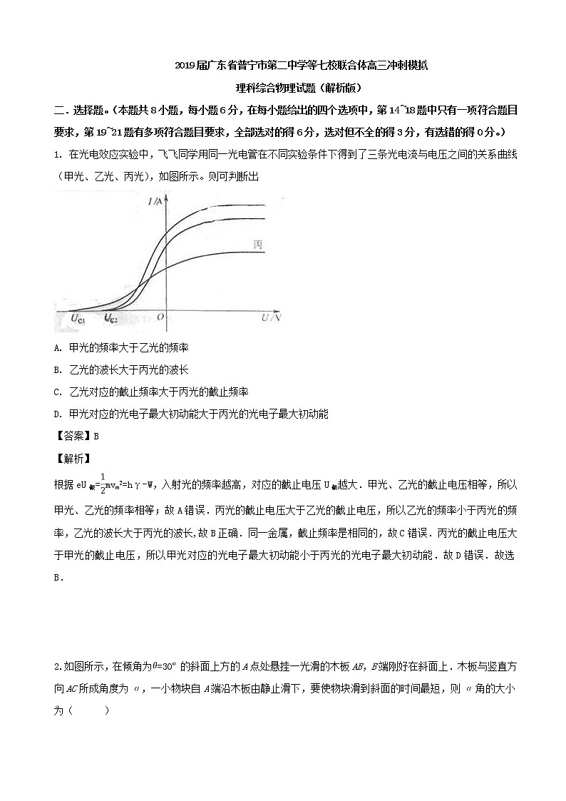 2019届广东省普宁市第二中学等七校联合体高三冲刺模拟理科综合物理试题（解析版）01
