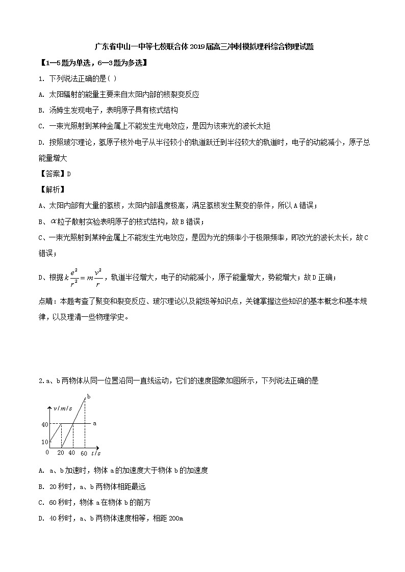 2019届广东省中山市第一中学等七校联合体高三下学期冲刺理科综合物理试题（解析版）第1页