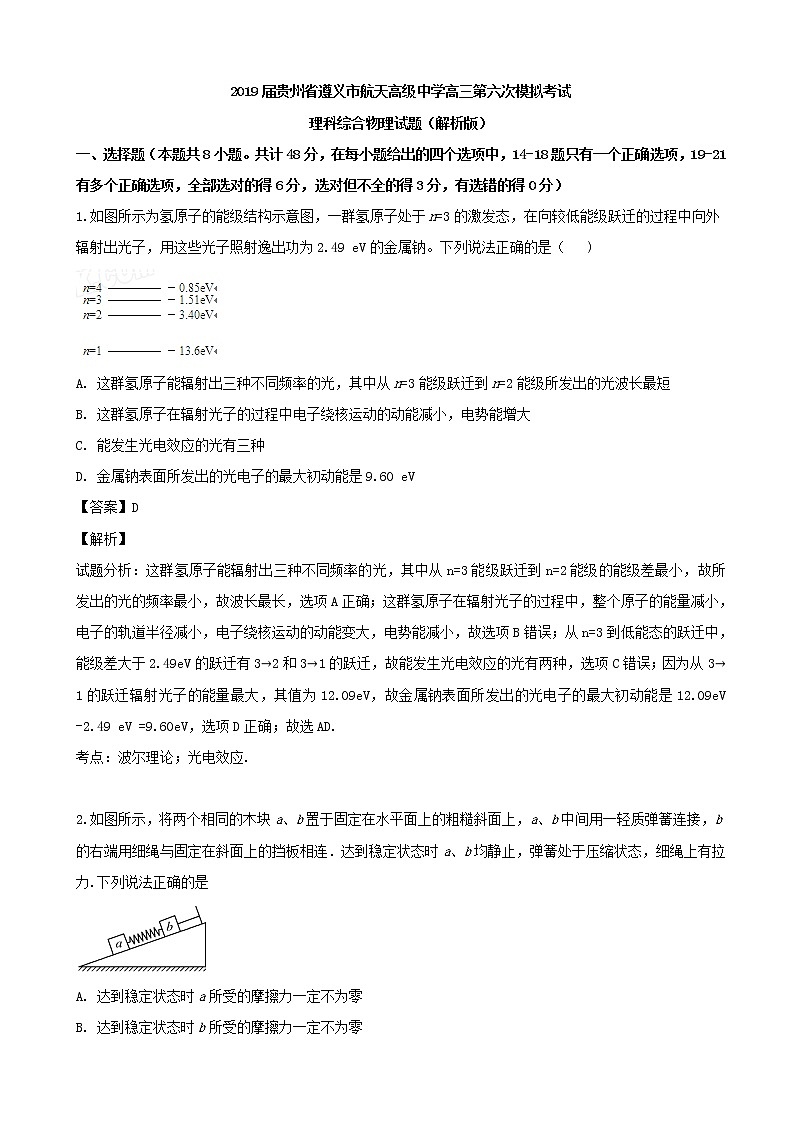 2019届贵州省遵义市航天高级中学高三第六次模拟考试理科综合物理试题（解析版）01
