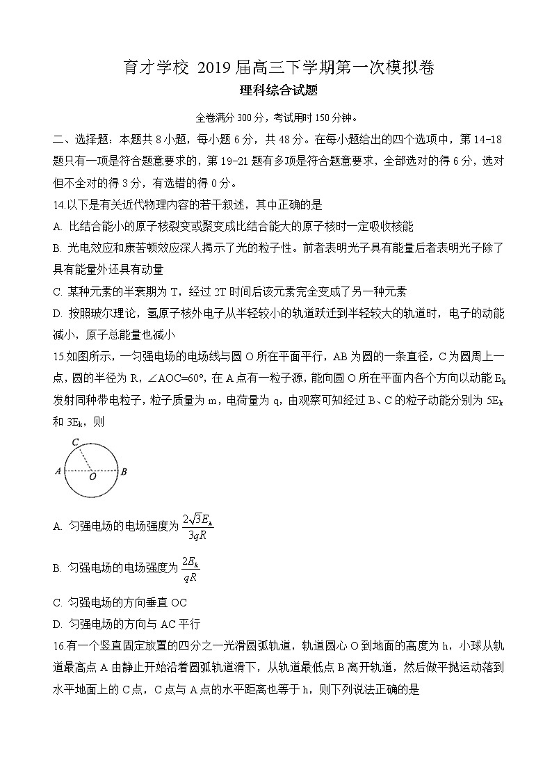 2019届安徽省定远育才学校高三（文化班）下学期第一次模拟考试理综物理试题（解析版）01