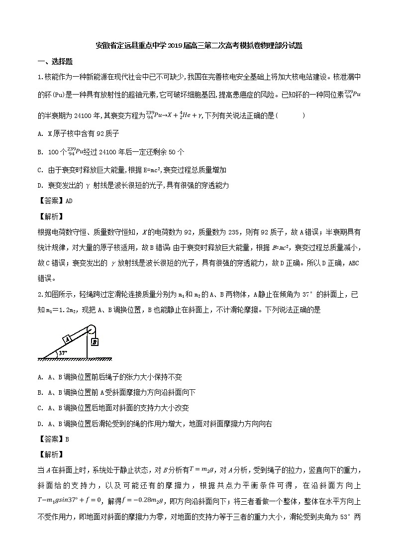 2019届安徽省定远县重点中学高三第二次模拟物理试题（解析版）01