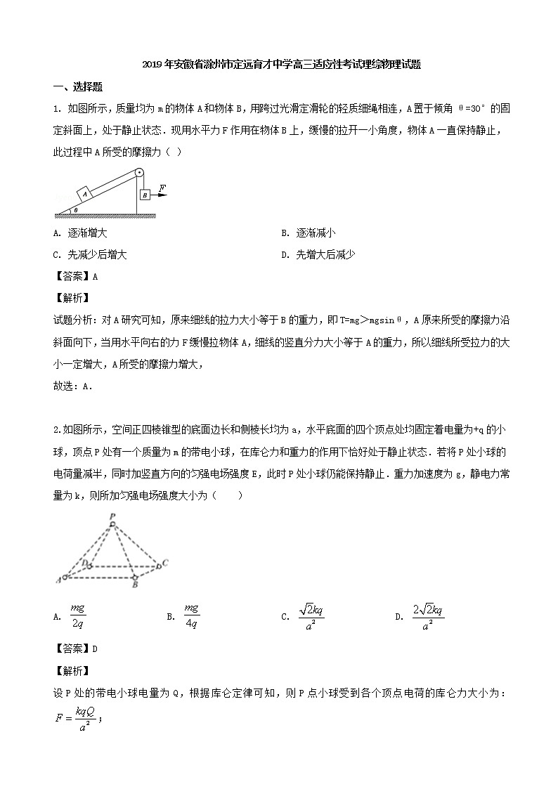 2019届安徽省滁州市定远育才学校高三适应性考试理综物理试题（解析版）第1页