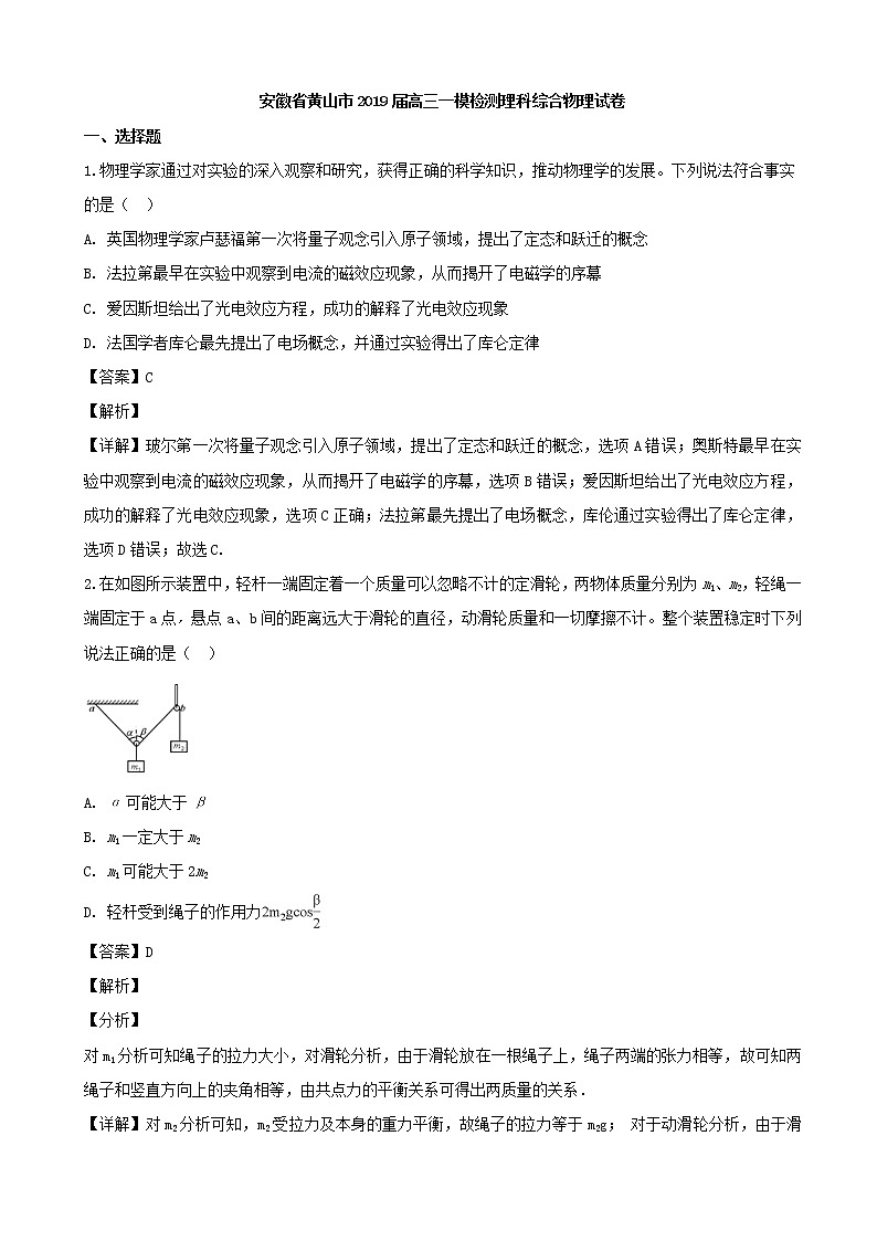 2019届安徽省黄山市高三第一次质量检测（一模）物理试题（解析版）01