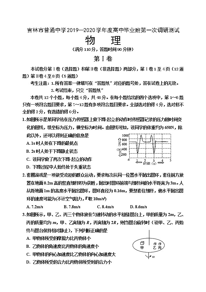 2020届吉林省吉林市高三上学期第一次调研测试 物理01