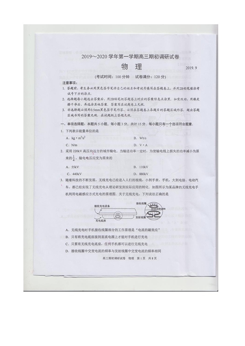 2020届江苏省常熟中学高三上学期期初调研试卷 物理 图片版第1页