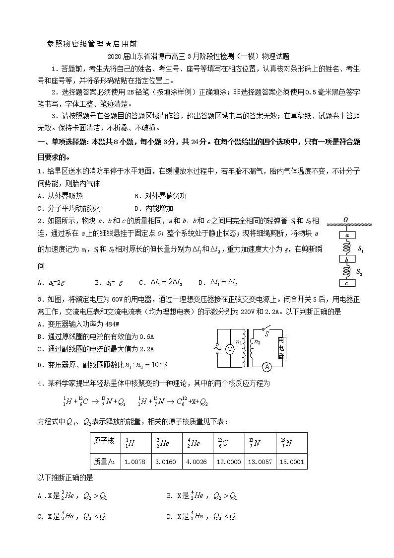 2020届山东省淄博市高三3月阶段性检测（一模）物理试题01