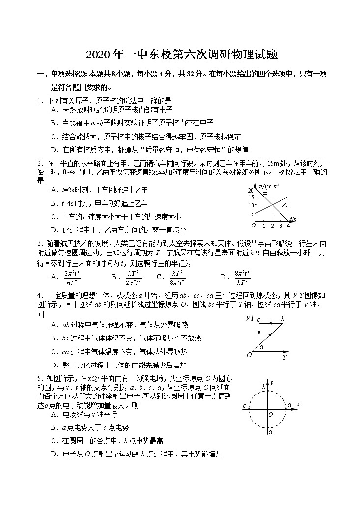 山东省平邑县第一中学2020届高三下学期第六次调研考试物理试题第1页