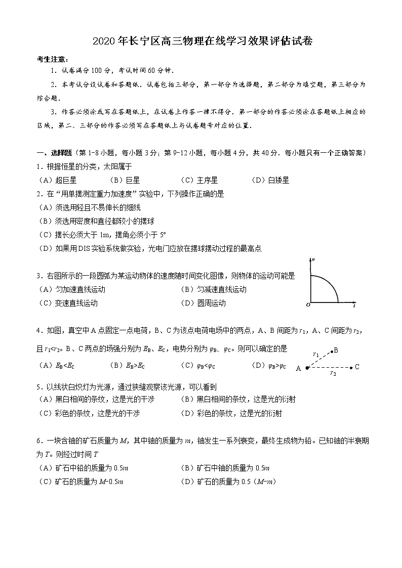 上海市长宁区2020届高三在线学习效果评估物理试题第1页