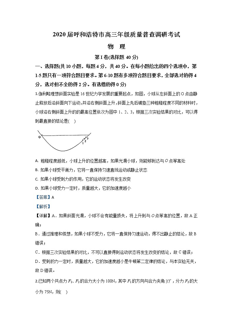 内蒙古呼和浩特市2020届高三上学期质量普查调研考试物理试题01