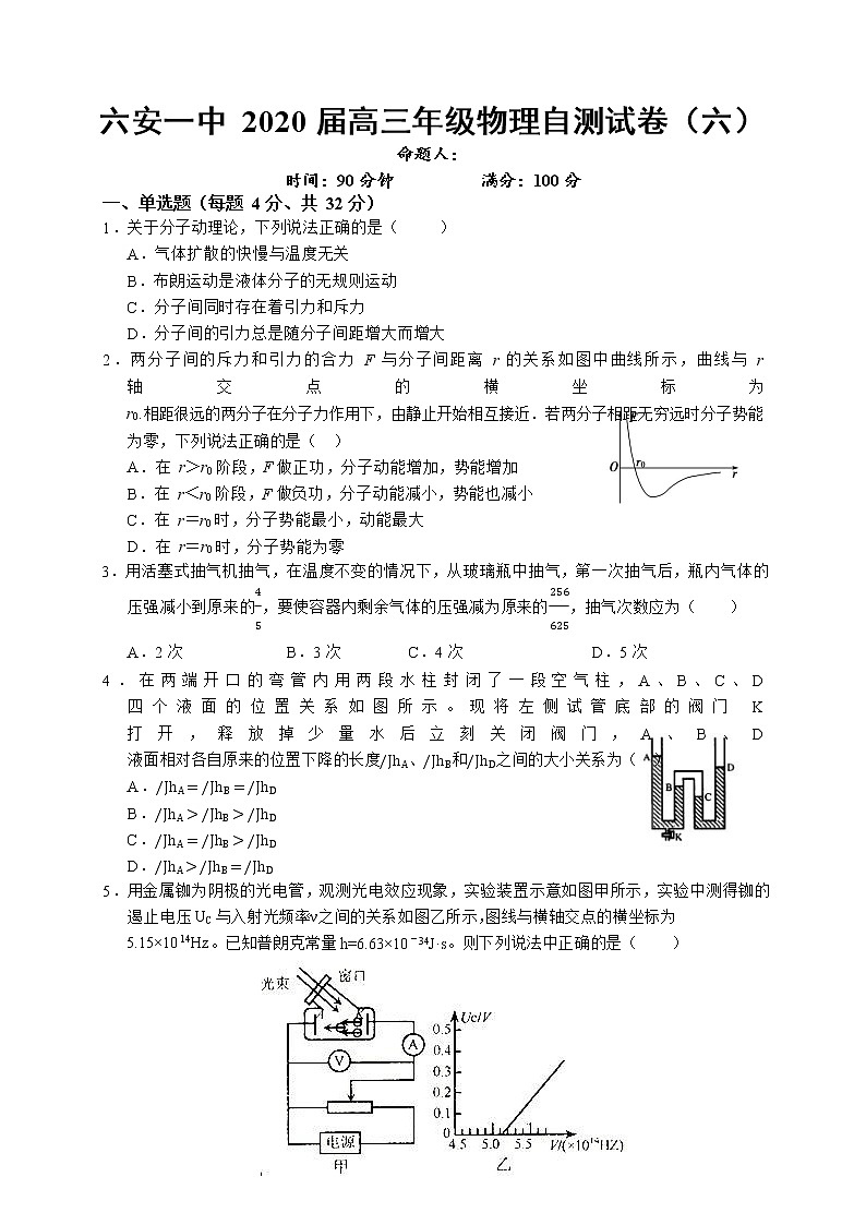 安徽省六安市第一中学2020届高三下学期自测卷（六）线下考试物理试题第1页