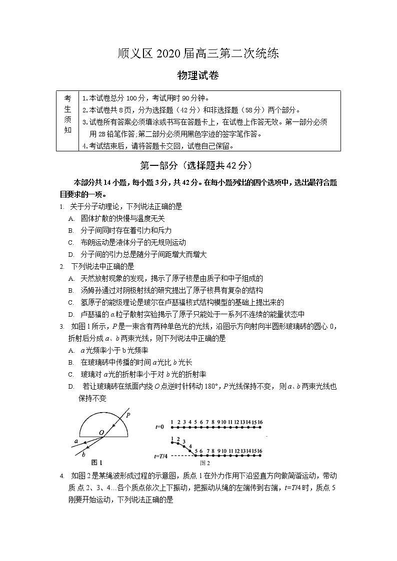 北京市顺义区2020届高三下学期二模考试物理试题01
