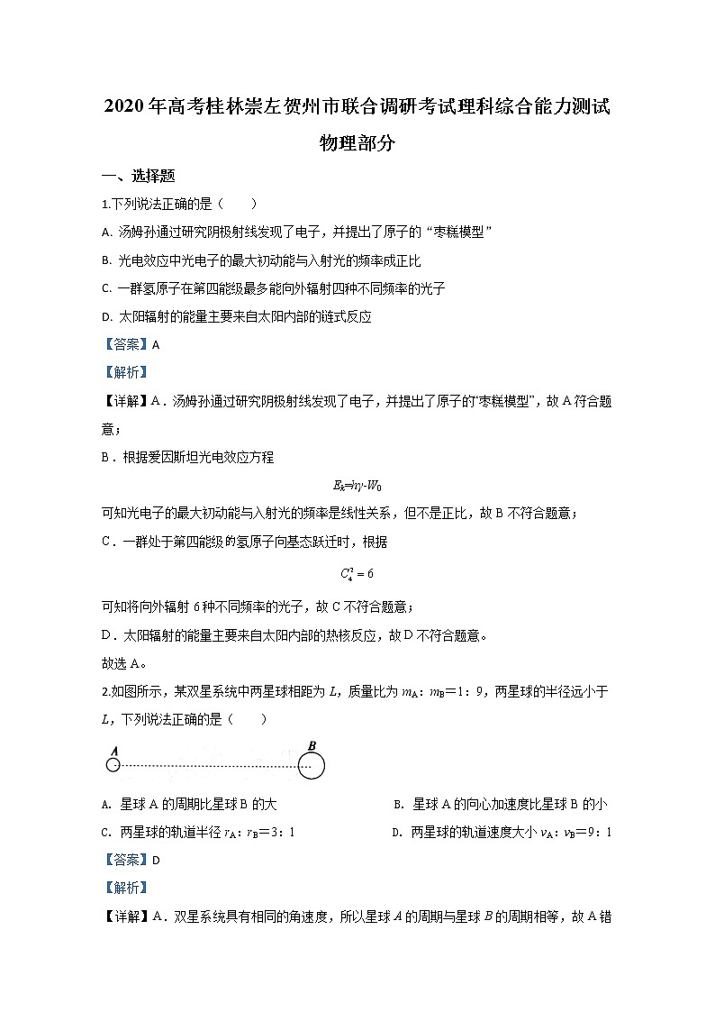广西省桂林崇左贺州市2020届高三下学期联合调研物理试题01