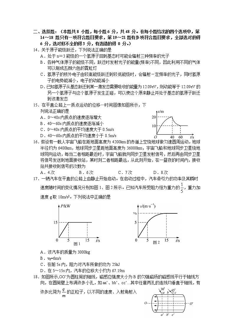 湖北省钟祥市高级中学2020届高三下学期第九次竞赛理科综合物理试题第1页