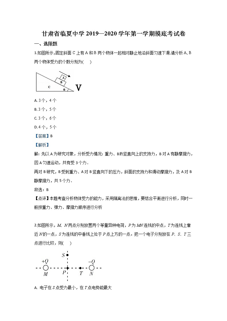 甘肃省临夏中学2020届高三上学期第一次摸底考试物理试题第1页